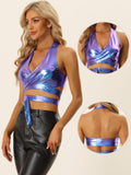 1 x RAW Customer Returns Allegra K Women s Crop Top V-Neck Metallic Halter Backless Holographic Tops Blue Purple S - RRP €30.24