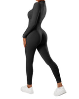 1 x RAW Customer Returns RXRXCOCO Ribbed Long Sleeve Jumpsuits Women with Zipper Tight Round Neck One Piece Tummy Control Sports Yoga Overall Romper Black M - RRP €26.21