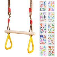 1 x RAW Customer Returns GOLDGE trapeze swing wooden swing outdoor with plastic gymnastic rings children outdoor load capacity up to 120KG and dinosaur sticker, adjustable swing children trapeze swing outdoor indoor - RRP €29.99