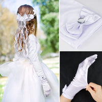 1 x RAW Customer Returns BOFUNX Communion Girls Bolero Shoulder Jacket Communion Hair Wreath Headband White Bow Gloves for First Communion Flower Girl Wedding 140CM - RRP €18.14