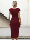 1 x RAW Customer Returns Missufe Elegant Wrap Dress Party Dress Figure-hugging Midi Dress Women s Cocktail Dress Bodycon Summer Dresses Wine Red, Medium  - RRP €46.99