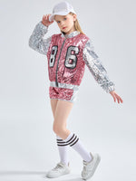 1 x RAW Customer Returns Set of 4 Girls Hip Hop Dance Costume Kids Sequins Jazz Dance Clothing Set Socks Attached 152, Pink  - RRP €42.98