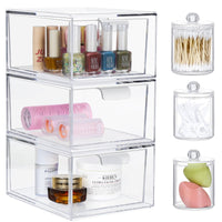 1 x RAW Customer Returns Greentainer Cosmetic Organizer Drawers, Stackable Transparent Acrylic Makeup Organizer, 3 Pieces Desk Drawers Storage Box with 3 Qtip Holders for Vanity, Bathroom, Bedroom - RRP €39.99