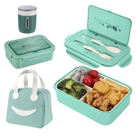 1 x RAW Customer Returns Haoh Lunchbox Kit, 1400 ml lunch box with compartments lunch bag cereal cup, leak-proof bento box with fork and spoon, snack box light green  - RRP €22.69