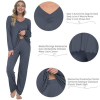 1 x RAW Customer Returns Mnemo Pajamas Women s Soft Knitted Pajamas V-Neck Exquisite Wavy Hem 2-Piece Slim Fit Nightwear Dark Gray S - RRP €29.99