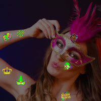 2 x Brand New Qpout 96Pcs Luminous Mardi Gras Temporary Tattoos Glow in The Dark New Orleans Party Tattoos Stickers for Kids Adults, Masquerade Celebration New Orleans Mardi Gras Carnival - RRP €31.2