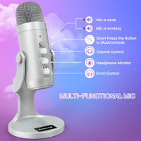 1 x RAW Customer Returns zealsound USB Microphone, k66 Silver Podcast Microphone for PC Mobile Phone PS4 5, with Noise Cancelling Mute Echo Volume Knob, for Gaming, Recording, Streaming, Youtuber, Compatible with Mac, Windows, Android - RRP €47.33