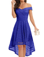 1 x RAW Customer Returns Homrain Women s Elegant Lace Dress Off Shoulder Rockabilly Dress Swing Cocktail Evening Dresses High Low Bridesmaid Dresses for Wedding Royal Blue XS - RRP €45.99