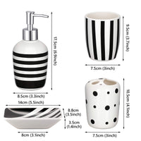 5 x Brand New MUZI Ceramic Bathroom Accessories Set, Modern Design Lotion Bottles, Toothbrush Holder, Tumbler, Soap Dispenser Black and White Striped, 4 Pack  - RRP €131.05