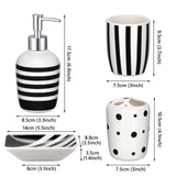 5 x Brand New MUZI Ceramic Bathroom Accessories Set, Modern Design Lotion Bottles, Toothbrush Holder, Tumbler, Soap Dispenser Black and White Striped, 4 Pack  - RRP €131.05