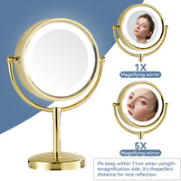 1 x RAW Customer Returns DOWRY Makeup Mirror with LED Lights Magnifying Mirror 5x Gold Tabletop Makeup Mirror 3-Color Lights Double-Sided Mirror Round Cosmetic Mirror with Plug, Diameter 21.5 cm - RRP €87.96