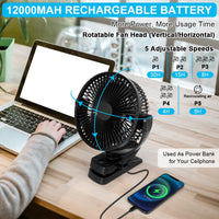 1 x RAW Customer Returns ELZO 12000mAh Camping Fan, Rechargeable Table Fan USB Mini Fan with LED Light Hook, 360 Rotation Quiet with Remote Control, Clip Fan for Desktop, Stroller, Office - RRP €37.46