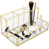 1 x RAW Customer Returns Homtone make up brush holder glass, vintage gold glass cosmetic box, makeup organizer storage with mirror tray for perfume nail polish lipsticks, dresser bathroom, 4 compartments - RRP €22.14