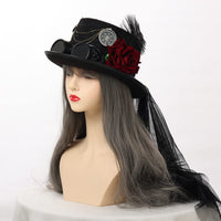 1 x RAW Customer Returns Unisex Steampunk Top Hat with Goggles Gothic Victorian Lace Veil Feather Top Hat for Adults 61cm 24.02 Inches, Black  - RRP €31.99