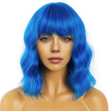 1 x RAW Customer Returns LANCAINI Wavy Wig With Bangs Women s Short Wigs Curly Wavy Bob Synthetic Cosplay Wig for Girls Daily Use Colorful Wigs Blue  - RRP €20.16