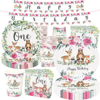 4 x Brand New Amycute Jungle Animal Theme Tableware, 16 Guests Paper Plates Cups Napkins Banner 1 Year Children s Birthday Decorations - RRP €86.48