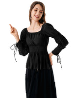 1 x RAW Customer Returns Women s Medieval Tunic Lantern Sleeve Smocked with Lacing Renaissance Shirt Black XL - RRP €39.24