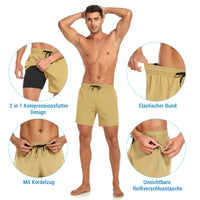 1 x Brand New Yaavii swimming shorts men s swimming trunks with compression liner 2 in 1 quick-drying beach trousers men board shorts with zip pockets khaki L - RRP €16.13