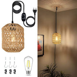 2 x RAW Customer Returns Vintage dimmable hanging lamp with plug, rattan pendant light with E27 lamp holder, boho lamp lampshade hanging light dining table lamp rustic with 450cm cable for bedroom hallway foyer, 18cm - RRP €64.52