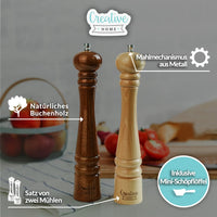 1 x RAW Customer Returns Creative Home Large Salt Pepper Mill Wood Set of 2 mills with mini wooden scoop 31.5cm height Manual squeeze mechanism Perfect pepper and salt mill spice mill for every kitchen - RRP €40.19