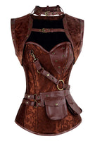 1 x RAW Customer Returns Charmian Women s Steel Boned Retro Gothic Brocade Steampunk Bustiers Corset Top with Jacket and Belt Brown 6X-Large - RRP €86.4