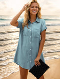 1 x RAW Customer Returns Zilcremo denim dress women summer short sleeve button down short denim dress blouse dress shirt dress summer dress blue cloud XXL - RRP €39.31