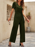 1 x RAW Customer Returns Dokotoo Jumpsuit Women Elegant Short Sleeve Long Overall Trouser Suit V-Neck Casual Loose Playsuit Romper, Green, L - RRP €43.99