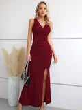 1 x RAW Customer Returns Laughido Cocktail Dress Wrap Dress Elegant Long Evening Dresses Women s Maxi Dress Party Dress Festive Bodycon Wedding Summer Dress Burgundy, Large  - RRP €48.99