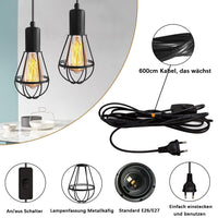 1 x RAW Customer Returns Crzpchas Retro hanging lamp with plug, vintage lampshade pendant lamp with 600 cm cable, switch, E27 lamp holder with switch, black kitchen lamp, metal cage pendant light for garage - RRP €18.12