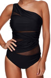 1 x RAW Customer Returns Ocean Plus Women s Figure-Shaping Mesh Asymmetry Swimsuit Plain Mesh High Neck Net One Piece Plus Size Swimwear Large Sizes XXL EU 42-44 , Asymmetry Black  - RRP €33.02