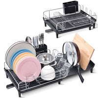 1 x RAW Customer Returns Urackify Dish Drainer, Expandable Dish Rack, Foldable Stainless Steel Dish Drainer with Removable Cutlery Holder, Scratch-Resistant Plate Rack and Swivel Drainage Spout, Black - RRP €40.33