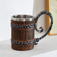 1 x RAW Customer Returns OTARTUDE Faux Oak Medieval Retro Viking Stainless Steel Beer Mug 500ml Unique Gift - RRP €30.35