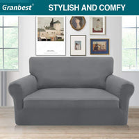 1 x Brand New Granbest Thick Sofa Cover 2 Seater Stretch and Stylish Couch Cover Furniture Covers Anti-Slip Scratch-Resistant Sofa Cover Jacquard Spandex Fabric 2 Seater, Light Grey  - RRP €39.31