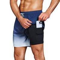 1 x RAW Customer Returns HMIYA Men s Swimming Trunks 2 in 1 Swimming Shorts Quick-Drying Short Board Shorts with Compression and Zip Pockets Gradient Navy Blue L  - RRP €25.4