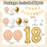 4 x Brand New QIUQI 18th Birthday Decoration Beige, 18th Year Decoration Birthday, Decoration 18th Birthday Girls Boys, White Gold Apricot Balloon and HAPPY BIRTHDAY Banner for 18 Party - RRP €58.08