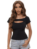 1 x RAW Customer Returns GORGLITTER Cut Out Top Women s Sexy T-Shirt with Neckline Short Sleeve Shirt Tight T-Shirts Tops Summer Top Black L - RRP €25.2