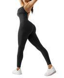 1 x RAW Customer Returns RXRXCOCO Spaghetti Strap Ribbed Sleeveless Jumpsuit Women Tight Backless Padded Overall Tummy Control Push Up Scrunch Booty Yoga Sport One Piece Romper Bodysuit Black S - RRP €26.21