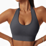 1 x RAW Customer Returns Vertvie Halterneck Sports Bra Backless Fitness Bustier Women Padded Push Up Bra Without Wire Sports Bra Top Yoga Bra Medium Support Workout Dark Gray, S  - RRP €19.15