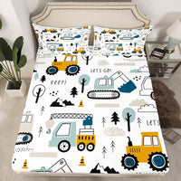 1 x RAW Customer Returns 3 Piece Single Bed Sheet Set - Construction Machinery Tractor, Digger, Truck, etc. Cartoon Style - White and Yellow - Fitted Sheet with Deep Pocket - RRP €36.12