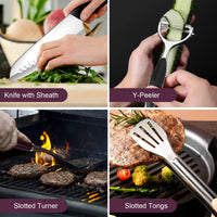 1 x RAW Customer Returns Odoland Camping Kitchen Utensils 8 Pieces, Camping Cooking Accessories with Tongs Kitchen Scissors Knife Rice Ladle Slotted Spatula Soup Spoon Chopping Board - RRP €32.99