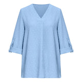 1 x RAW Customer Returns Tanmolo Blouse Women 3 4 Sleeve with V-Neck Elegant Tops Casual Swiss Dot Tops Tunic Light Blue, XXL - RRP €27.22