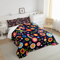 1 x RAW Customer Returns Floral Bedding 135 x 200 Rainbow Peace Sign Comforter Set for Girls Adults Women 60s 70s Groovy Vintage Garden Botanical Duvet Cover Halloween Decor Disco Hippie Indie Room Decor - RRP €47.55