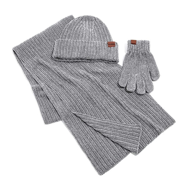 2 x Brand New YULOONG Winter Beanie Hat Scarf Touchscreen Driving Gloves 3 in 1 Set for Men Women Chenille Rib Knit Gray - RRP €55.2