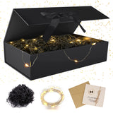 1 x RAW Customer Returns Gift box with lid, with bows, foldable gift box with magnetic, greeting cards, raffia hamper shreds, LED fairy lights, for wedding, birthday, Christmas - RRP €14.11