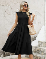 1 x RAW Customer Returns Yuson Girl Dress Women s Summer Dress Long Casual Round Neck Flutter Sleeve Maxi Dresses Summer Knee-Length Beach Dress Elastic Waist Long Dresses Tiered Ruffle A Line Dress Black, L  - RRP €46.99