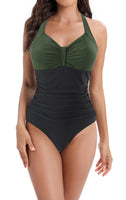 1 x RAW Customer Returns Laorchid swimsuit women tummy control for women swimwear V neck swimsuit monokini high waist sport swimsuit ruffles dark green with black XL - RRP €40.33