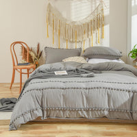 1 x RAW Customer Returns Freyamy Bohemian Bedding 155x220cm 2-piece Light Grey Grey Pom Pom Boho Chic Bedding Washed Microfiber Bedding Sets Soft Duvet Cover with Zipper and 1 Pillowcase 80x80cm - RRP €38.28