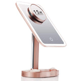 1 x RAW Customer Returns Fancii LED Lighted Makeup Mirror with 3 Adjustable Color Tones, 1x and 15x Magnification, Natural Light Cosmetic Mirror, Touch Screen, Dual Power Supply - Aura Pink  - RRP €35.99