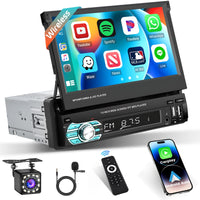 1 x RAW Customer Returns Hikity Car Radio 1 Din with Wireless Carplay and Android Auto, 7 Inch Extendable Screen Car Radio Touch Display with Bluetooth Handsfree Type-C USB FM Rear View Camera - RRP €140.4