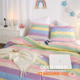 1 x RAW Customer Returns Freyamy girls bed linen 135x200cm colorful rainbow stripes children s bed linen 100 microfiber baby bed linen teenager children reversible bed linen duvet cover with zipper and pillowcase 80x80cm - RRP €21.99